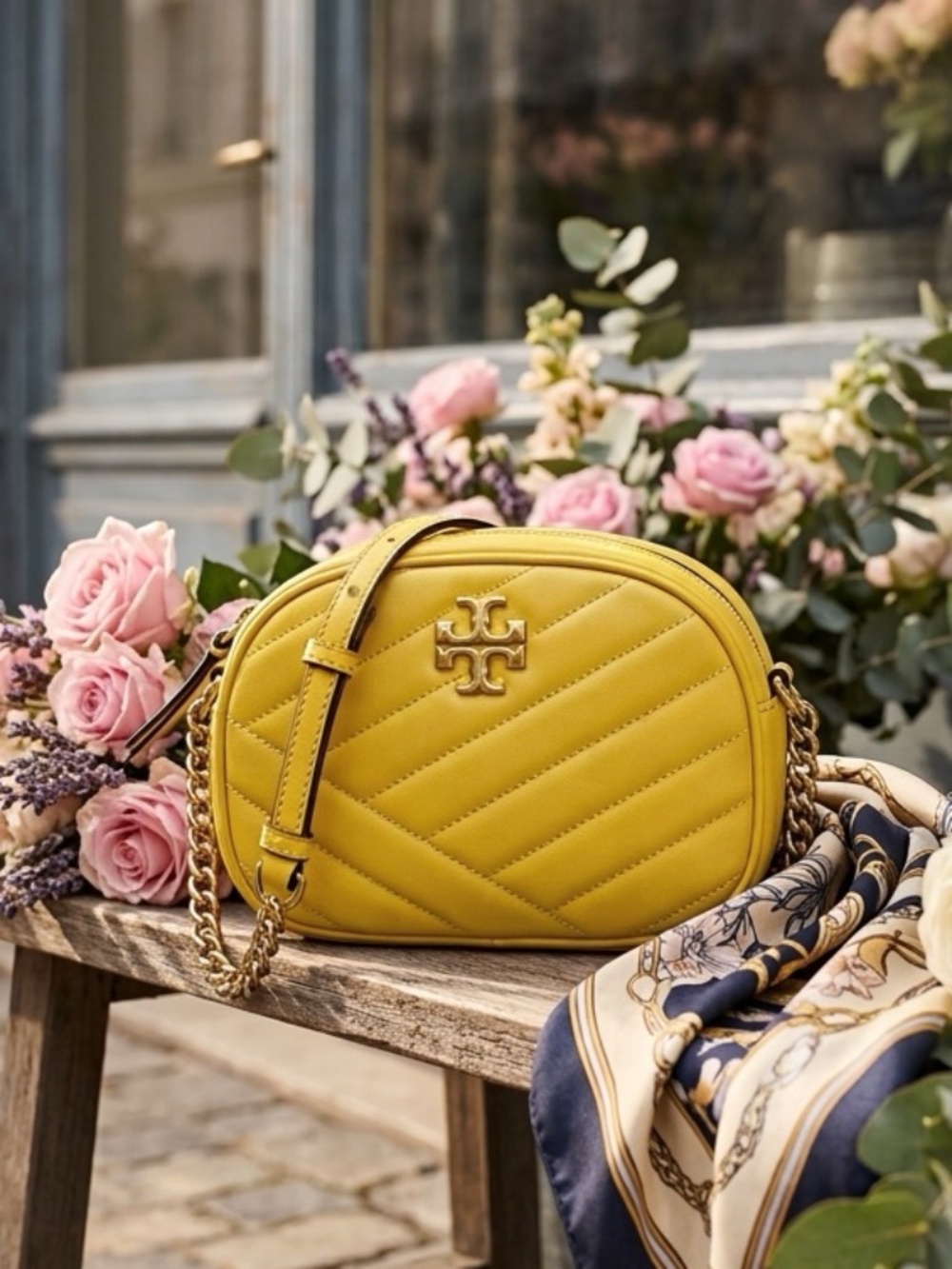 NEW Tory Burch Kira Chevron Goldfinch Yellow Small Camera Bag/Crossbody Bag